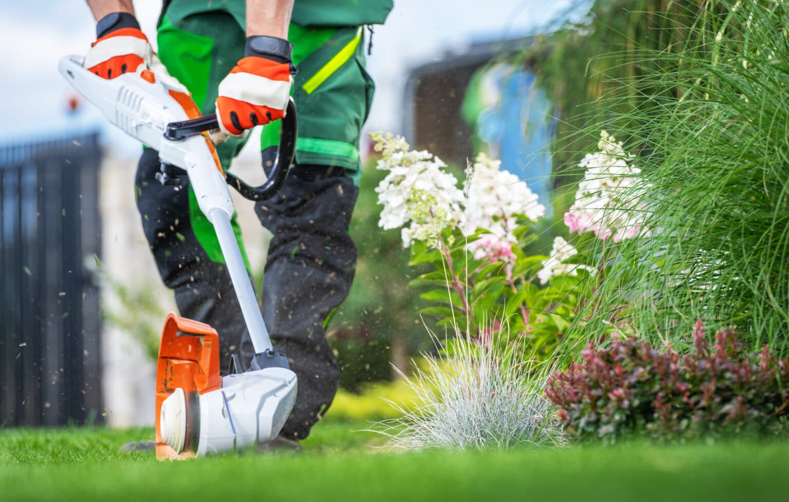 Professional Gardener with Lawn Edger Cutting Lawn Edges Close Up Photo. Gardening and Landscaping Industry Theme.